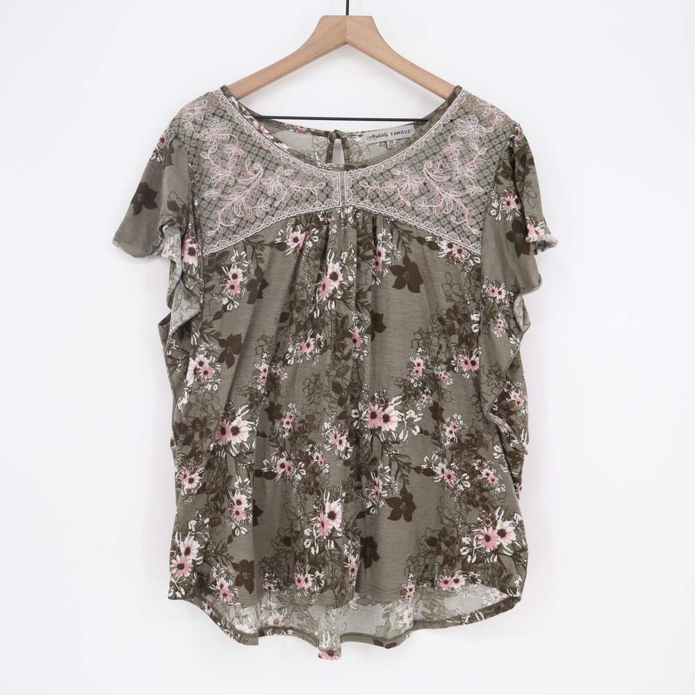 Absolutely Famous Top Womens 3X Floral Flutter Sleeve Olive Green Boho Excellent